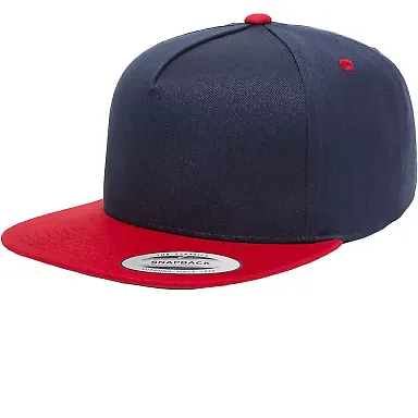 6007 Yupoong Five-Panel Flat Bill Cap in Navy/ red front view