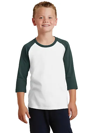 PC55YRS Port & Company® Youth 50/50 3/4-Sleeve Ra Wht/Dark Green front view