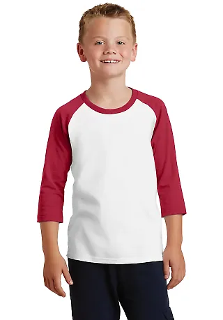 PC55YRS Port & Company® Youth 50/50 3/4-Sleeve Ra Wht/Red front view