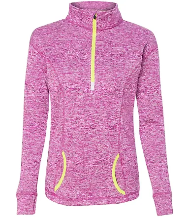 8617 J. America Women's Cosmic Fleece Quarter Zip Magenta/ Neon Yellow front view