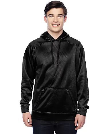 8670 J. America Polyester Hooded Pullover Sweatshi in Black volt front view