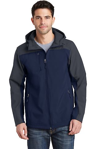  J335 Port Authority Hooded Core Soft Shell Jacket in Db nvy/bat gry front view
