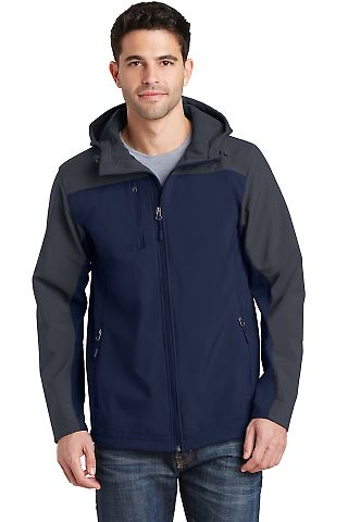 J335 Port Authority Hooded Core Soft Shell Jacket in Db nvy/bat gry front view