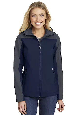 L335 Port Authority Ladies Hooded Core Soft Shell  DB Nvy/Bat Gry front view
