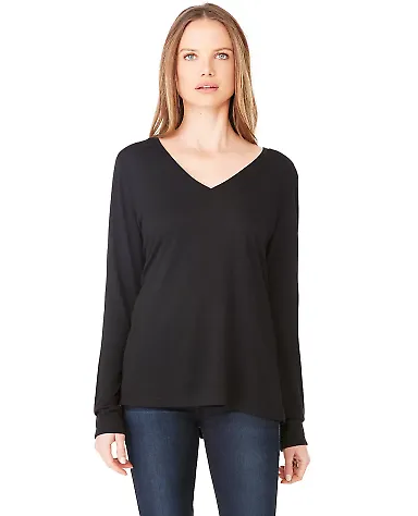 BELLA+CANVAS 8855 Womens Flowy Long Sleeve V-Neck in Black front view