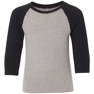 Next Level 3352 Youth CVC Baseball Raglan in Black sleeves/ dark heather grey body front view