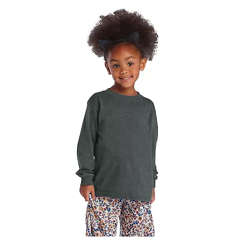 64300L Juvenile Long Sleeve Tee 5.2 oz in Charcoal heather front view
