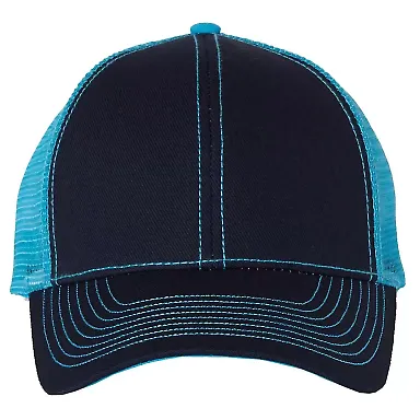 7641 Mega Cap Heavy Cotton Twill Front Trucker Cap Navy/ Turquoise front view