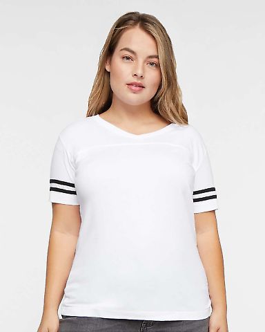 LAT 3537 Women's V-Neck Football Tee in White/black front view
