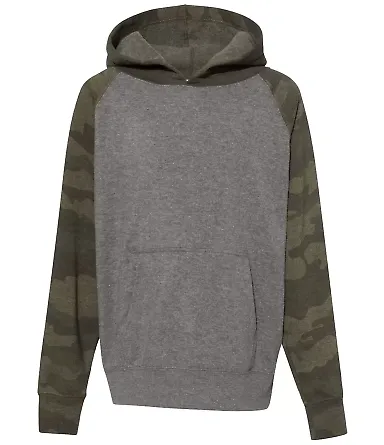 Independent Trading Co. PRM15YSB Youth Raglan Hood Nickel Heather/ Forest Camo front view