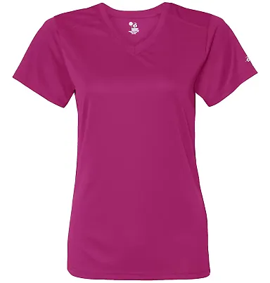 4162 Badger Badger - Ladies' B-Dry Core V-Neck Tee Hot Pink front view