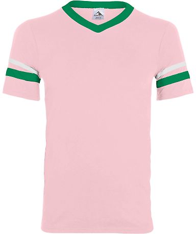 Augusta Sportswear 361 Youth V-Neck Football Tee in Light pink/ kelly/ white front view