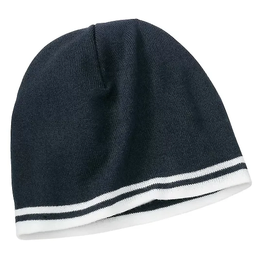 Port & Company CP93 Fine Knit Skull Cap with Strip Navy/White front view