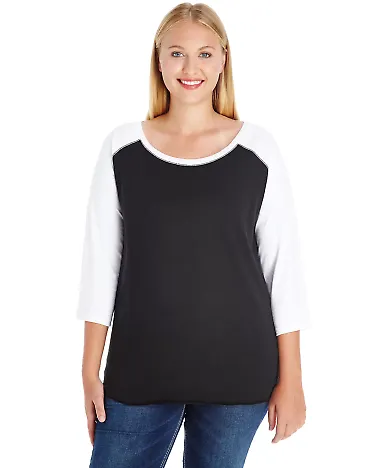 LAT 3830 Curvy Collection Women's Baseball Tee in Black/ white front view
