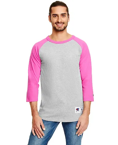 Champion T137 Raglan Baseball Tee in Oxford grey/ charity pink front view