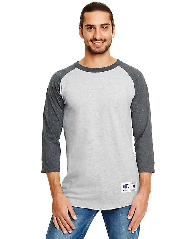 Champion T137 Raglan Baseball Tee in Oxford grey/ charcoal heather front view