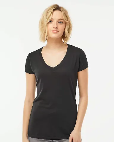 0244TC Tultex 244/Ladies' Poly-Rich Blend V-Neck T in Black front view