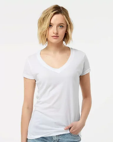 0244TC Tultex 244/Ladies' Poly-Rich Blend V-Neck T in White front view
