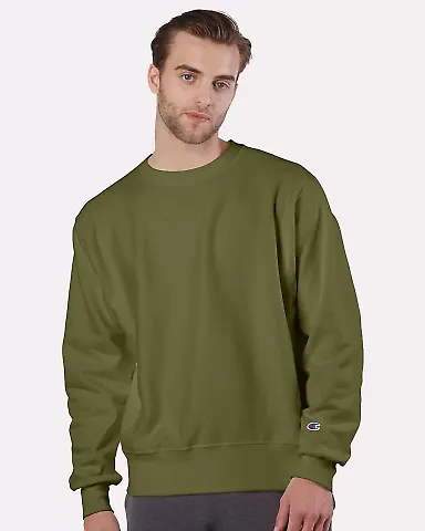 Champion S1049 Logo Reverse Weave Pullover Sweatsh in Fresh olive front view