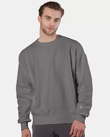 Champion S1049 Logo Reverse Weave Pullover Sweatsh in Stone grey front view