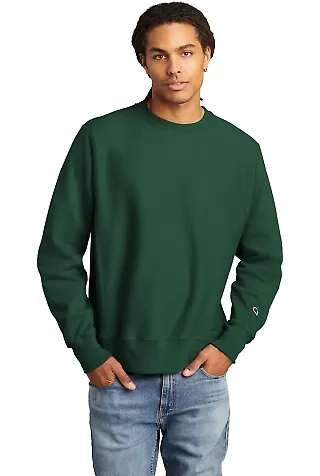 Champion S1049 Logo Reverse Weave Pullover Sweatsh in Dark green front view