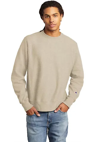 Champion S1049 Logo Reverse Weave Pullover Sweatsh in Oatmeal heather front view