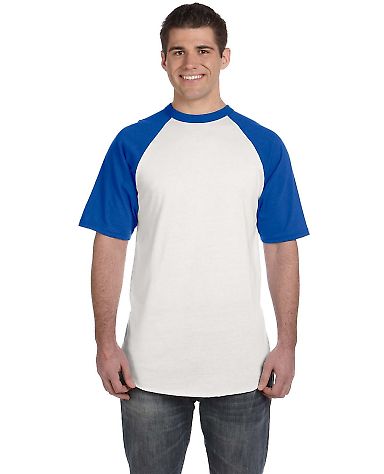 423 Augusta Sportswear Adult Short-Sleeve Baseball in White/ royal front view