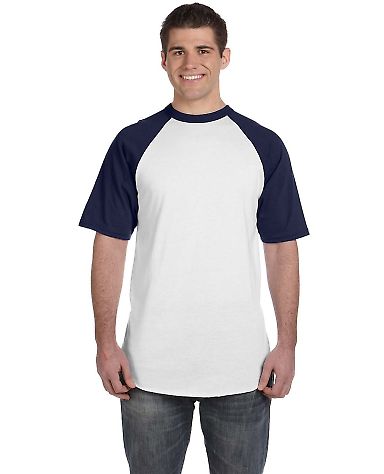 423 Augusta Sportswear Adult Short-Sleeve Baseball in White/ navy front view