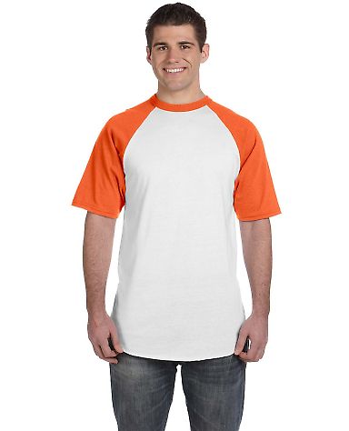 423 Augusta Sportswear Adult Short-Sleeve Baseball in White/ orange front view