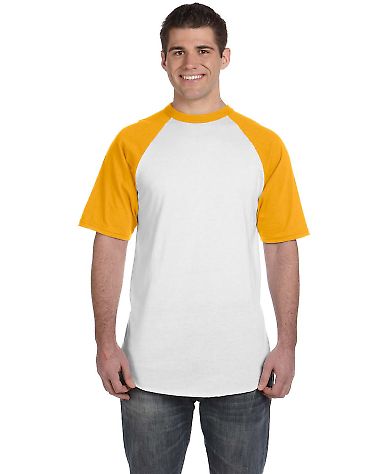 423 Augusta Sportswear Adult Short-Sleeve Baseball in White/ gold front view