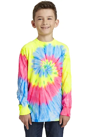 Port & Company PC147YLS Youth Tie-Dye Long Sleeve  Neon Rainbow front view