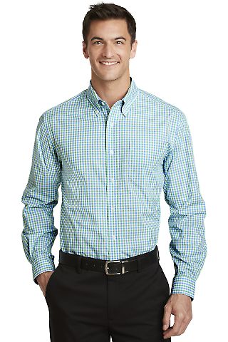 Port Authority S654 Long Sleeve Gingham Easy Ca in Green/aqua front view
