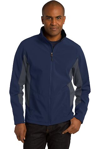 Port Authority J318    Core Colorblock Soft Shell  in Db nvy/bat gry front view