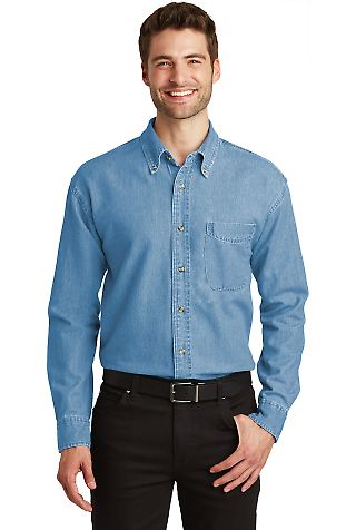 Port Authority TLS600 Tall Long Sleeve Denim Sh in Faded denim front view
