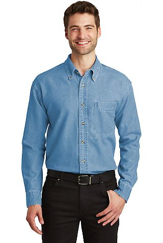 Port Authority TLS600    Tall Long Sleeve Denim Sh in Faded denim front view