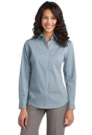 Port Authority L647    Ladies Fine Stripe Stretch  in Moonlt blue/wh front view