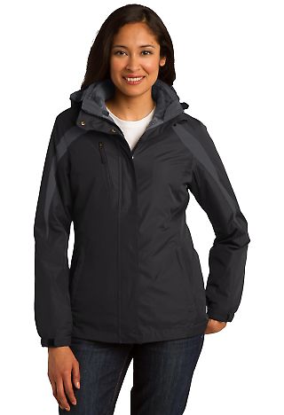 Port Authority L321 Ladies Colorblock 3-in-1 Ja in Blk/blk/mag gy front view