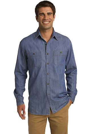 Port Authority S652    Patch Pockets Denim Shirt in Lt indigo front view