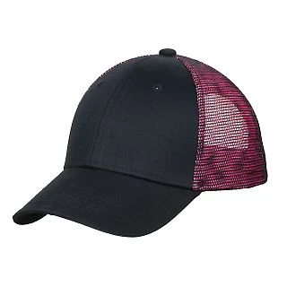 Port Authority C818 Double Mesh Snapback Sandwi in Blk/shock pink front view
