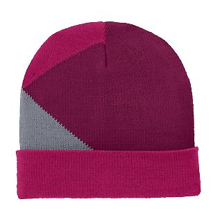Port Authority C906    Cuffed Colorblock Beanie in Lgnbry/fchs/sv front view