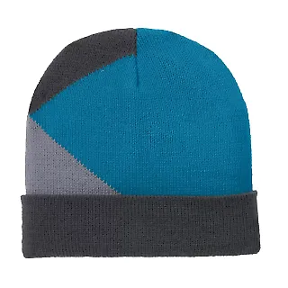 Port Authority C906    Cuffed Colorblock Beanie Blue Wk/Grt/Sv front view