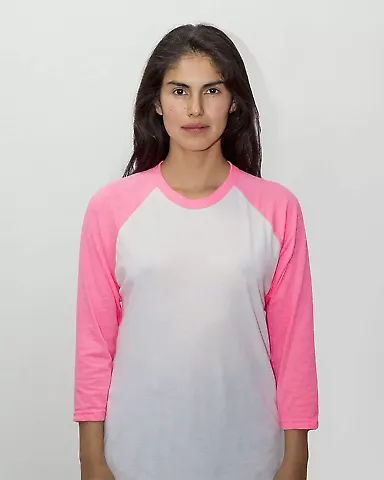 Los Angeles Apparel FF53 Raglan Baseball Tee in White/ neon heather pink front view