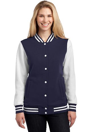 Sport Tek LST270 Sport-Tek Ladies Fleece Letterman in Tr navy/white front view