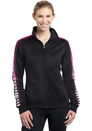 Sport Tek LST93 Sport-Tek Ladies Dot Sublimation T in Black/pink ras front view