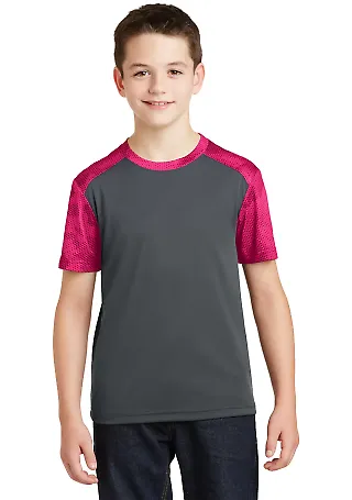 Sport Tek YST371 Sport-Tek Youth CamoHex Colorbloc in Iron gry/pk ra front view