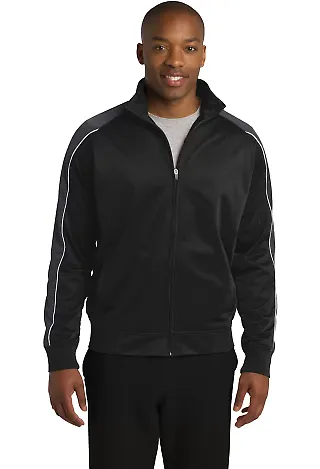 Sport Tek JST92 Sport-Tek Piped Tricot Track Jacke in Blk/irn gry/wh front view