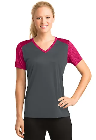 Sport Tek LST371 Sport-Tek Ladies CamoHex Colorblo Iron Gry/Pk Ra front view