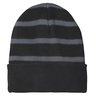 Sport Tek STC31 Sport-Tek Striped Beanie with Soli in Black/iron gry front view