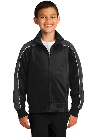 Sport Tek YST92 Sport-Tek Youth Piped Tricot Track Blk/Irn Gry/Wh front view