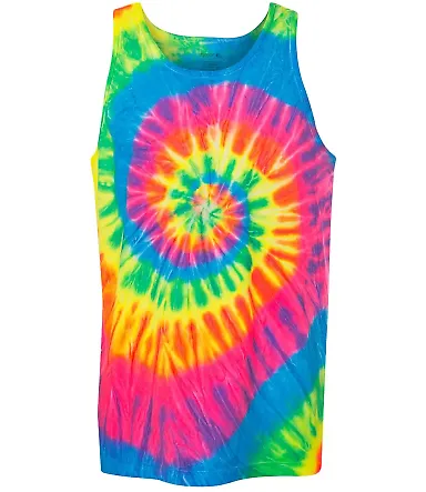 Dyenomite 420MS Multi-Color Spiral Unisex Tank Top in Fluorescent rainbow spiral front view